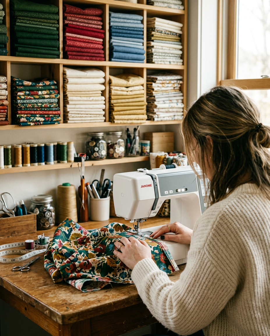 A fabric artisan sewing cotton in a welcoming home studio