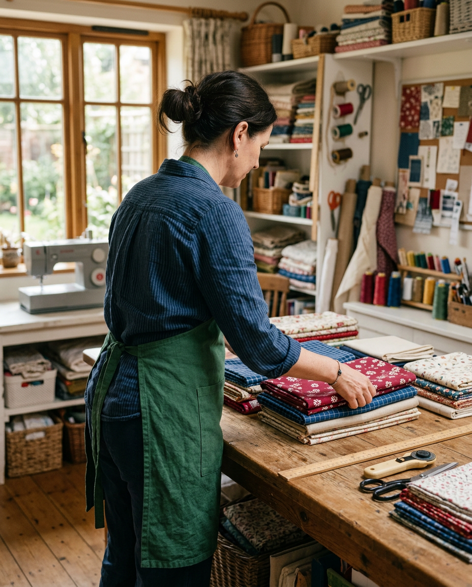 A fabric artisan arranging cotton in a home sewing studio