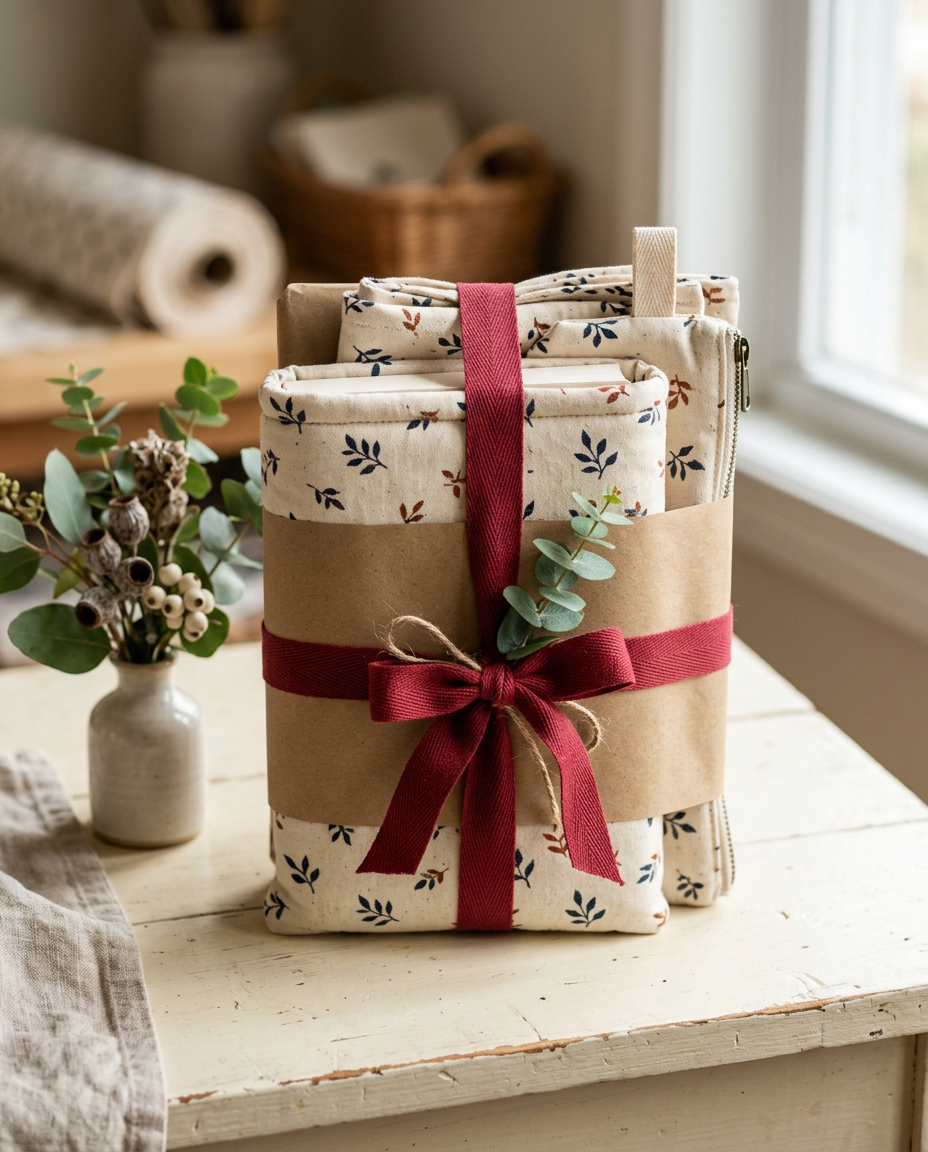 A wrapped collection of handmade cotton gifts