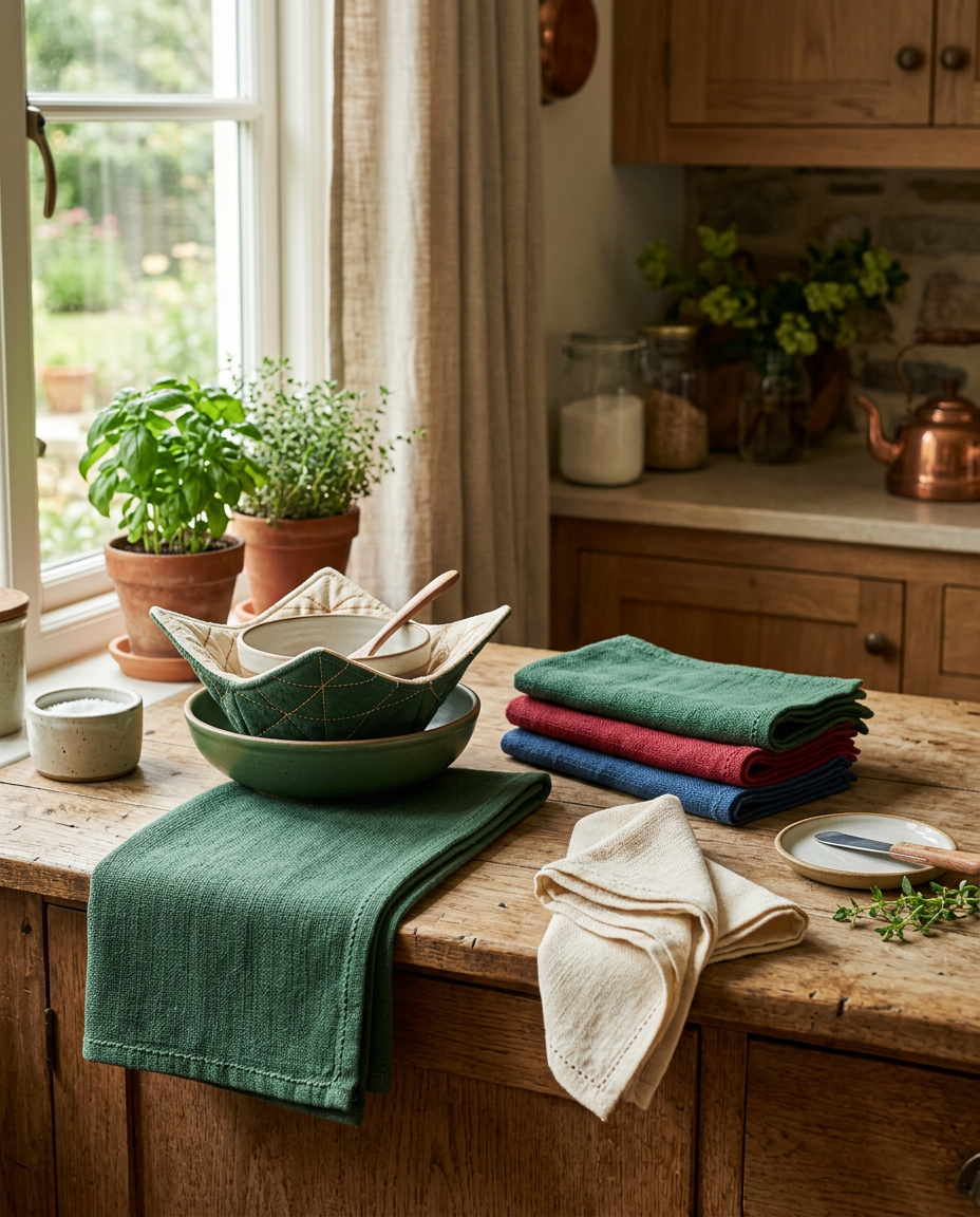 Handmade cotton kitchen and table linens in a warm home kitchen