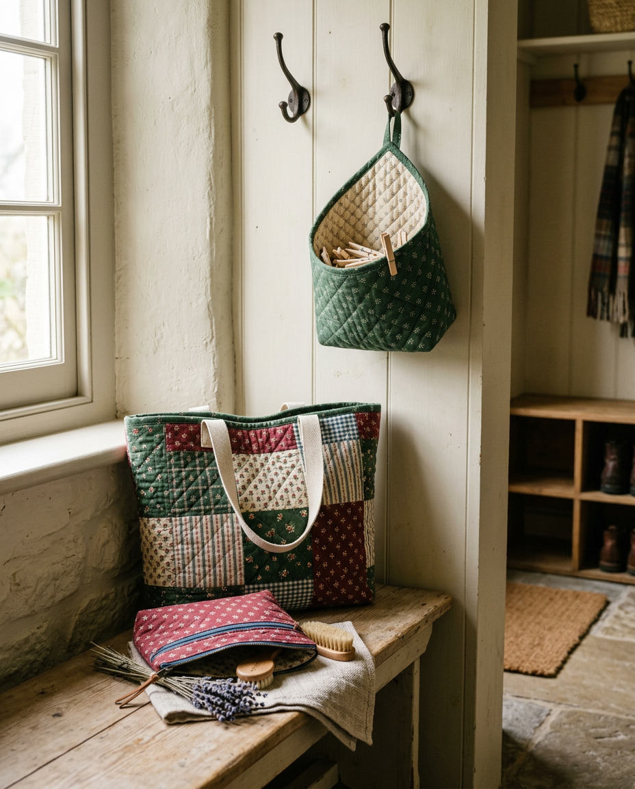 Handmade quilted storage pieces and a patchwork tote