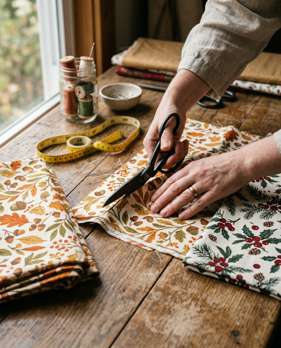 Seasonal cotton fabric being cut by hand in a sewing studio